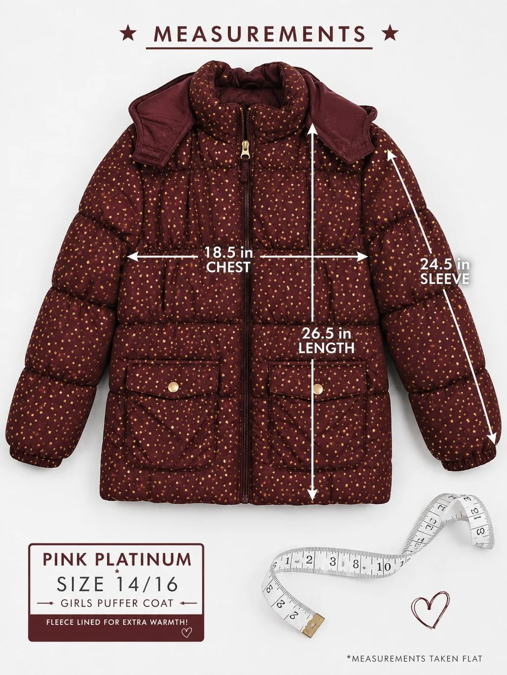 Pink Platinum Girls Maroon Puffer Jacket with Gold Star Print Size 14/16